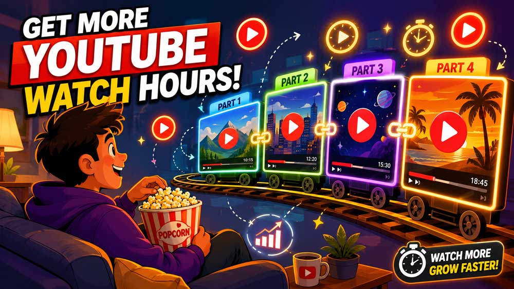 Digital illustration showing a viewer binge-watching connected YouTube videos on a screen to increase YouTube watch time.