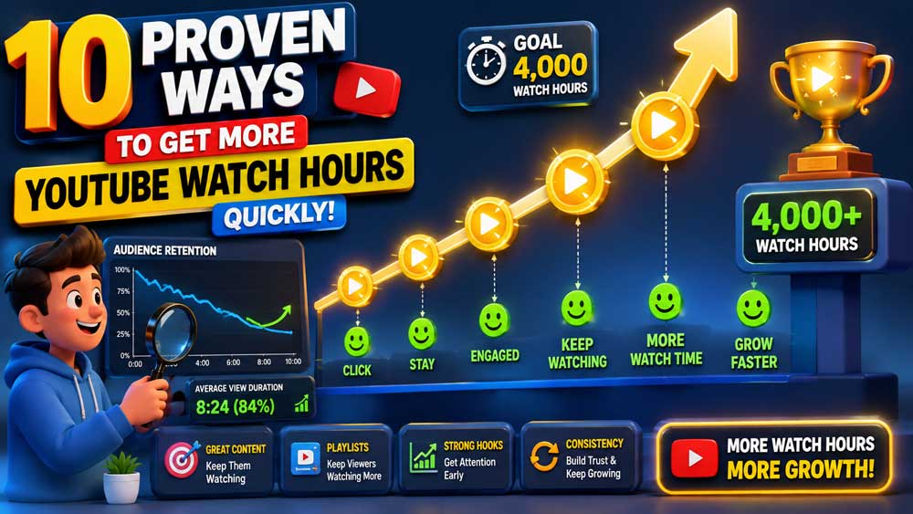 Isometric graphic showing an upward video retention chart and golden play buttons representing YouTube Watch Hours growth.
