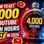 Digital illustration of a glowing 4,000 hour timer and rising growth charts representing rapid YouTube watch hours growth.