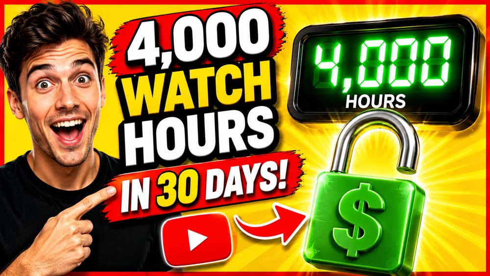 YouTube thumbnail design featuring an excited content creator pointing to a 4,000 watch hours landmark graphic.