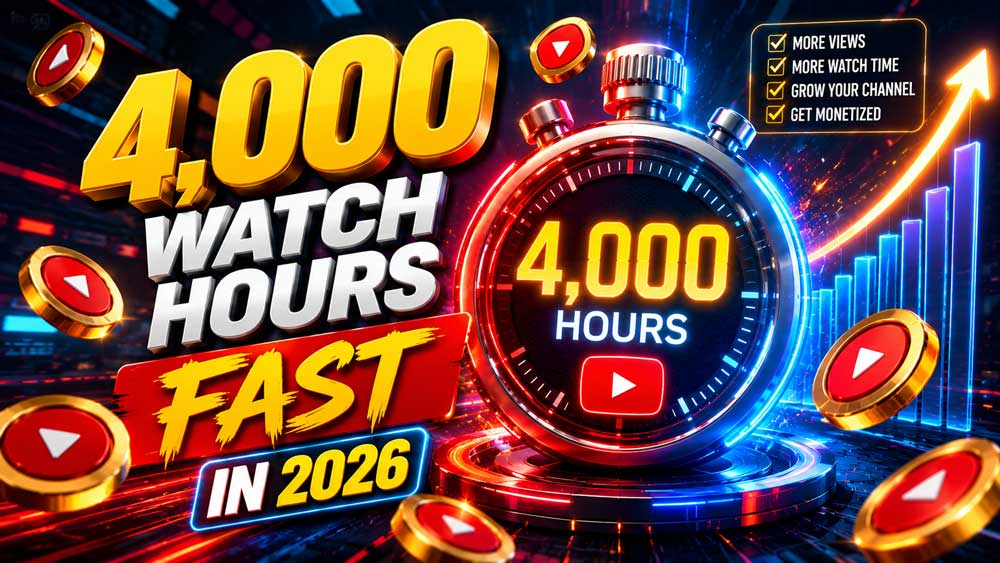 Digital illustration of a glowing 4,000 hour timer and rising growth charts representing rapid YouTube watch hours growth.