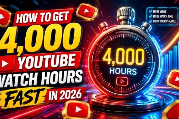 Digital illustration of a glowing 4,000 hour timer and rising growth charts representing rapid YouTube watch hours growth.