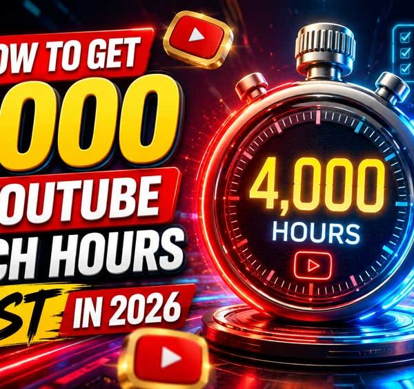 Digital illustration of a glowing 4,000 hour timer and rising growth charts representing rapid YouTube watch hours growth.