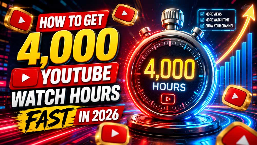 Digital illustration of a glowing 4,000 hour timer and rising growth charts representing rapid YouTube watch hours growth.