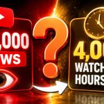 A split thumbnail graphic comparing a red box with 100,000 views on the left and a golden clock with 4,000 YouTube Watch Hours on the right.