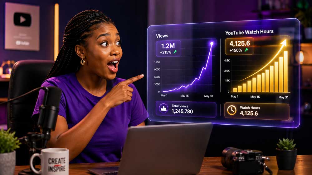 A creator looking at a holographic screen showing graphs for video views versus YouTube Watch Hours.
