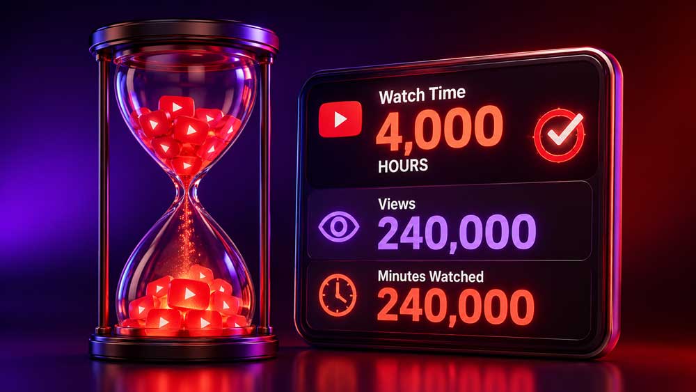 A 3D illustration of a digital hourglass filled with play buttons next to a view count display.