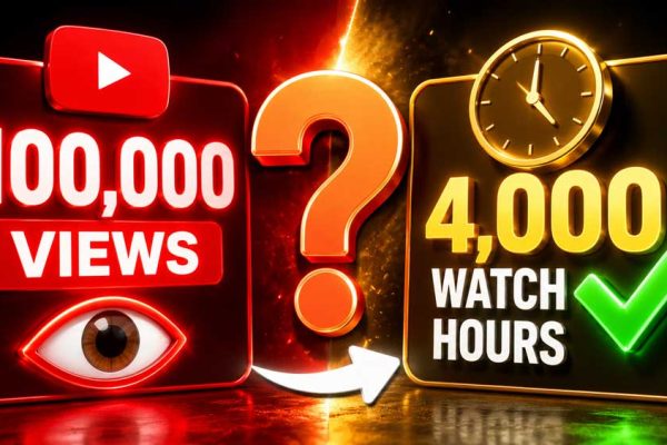 A split thumbnail graphic comparing a red box with 100,000 views on the left and a golden clock with 4,000 YouTube Watch Hours on the right.