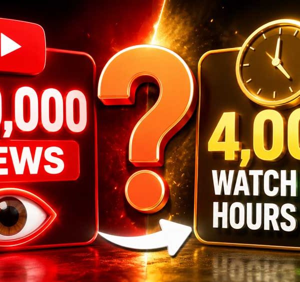 A split thumbnail graphic comparing a red box with 100,000 views on the left and a golden clock with 4,000 YouTube Watch Hours on the right.
