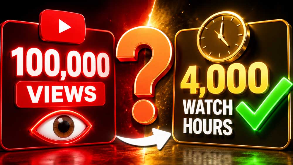 A split thumbnail graphic comparing a red box with 100,000 views on the left and a golden clock with 4,000 YouTube Watch Hours on the right.