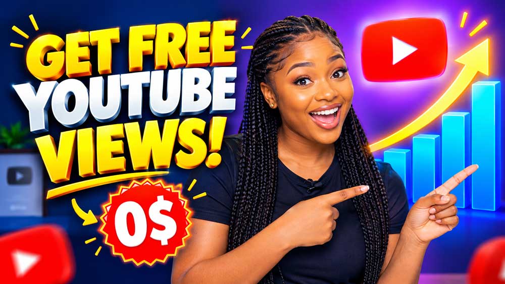 A colorful YouTube thumbnail graphic featuring a creator pointing at a rising view count graph with bold text saying Get Free YouTube Views for zero dollars.