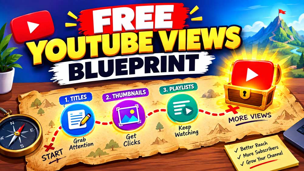 An illustrative roadmap layout titled Free YouTube Views Blueprint showing step-by-step video optimization steps.