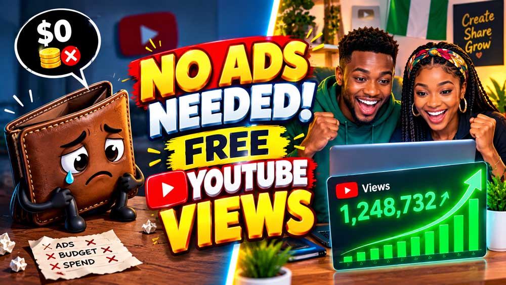 Split visual comparison showing zero dollar spend alongside rapid view growth titled No Ads Needed Free YouTube Views.