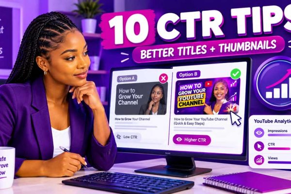 Digital creator comparing video titles and thumbnail designs while reviewing YouTube CTR analytics.