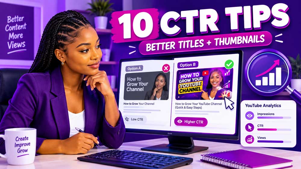 Digital creator comparing video titles and thumbnail designs while reviewing YouTube CTR analytics.