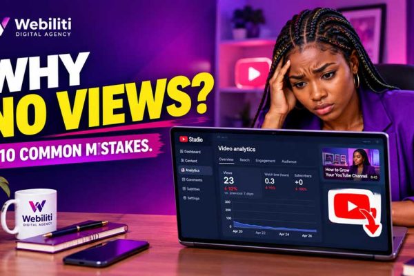 Frustrated YouTube creator checking low video views on an analytics dashboard.