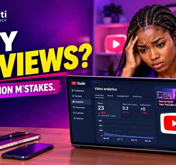 Frustrated YouTube creator checking low video views on an analytics dashboard.