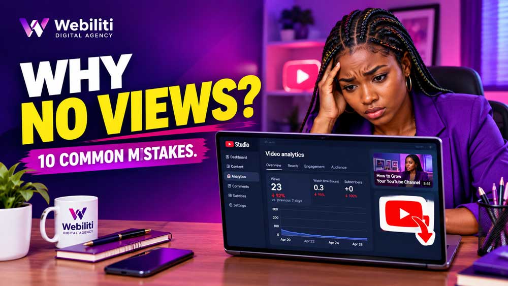 Frustrated YouTube creator checking low video views on an analytics dashboard.