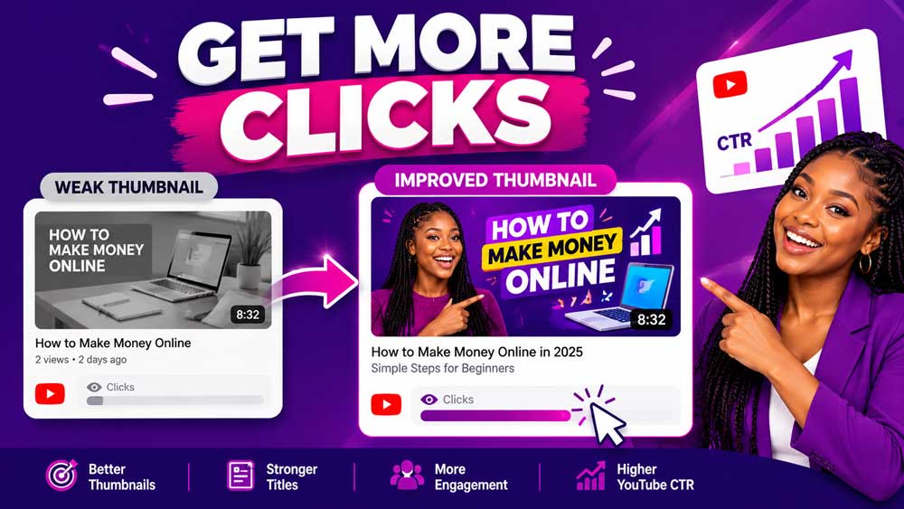 Before-and-after illustration of clearer YouTube thumbnails and titles for improving click-through rate.