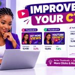 Alt text: Nigerian content creator comparing YouTube thumbnails and analytics to improve click-through rate.
