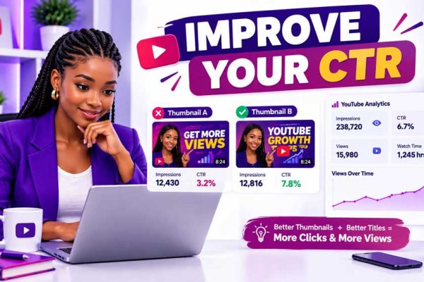 Alt text: Nigerian content creator comparing YouTube thumbnails and analytics to improve click-through rate.