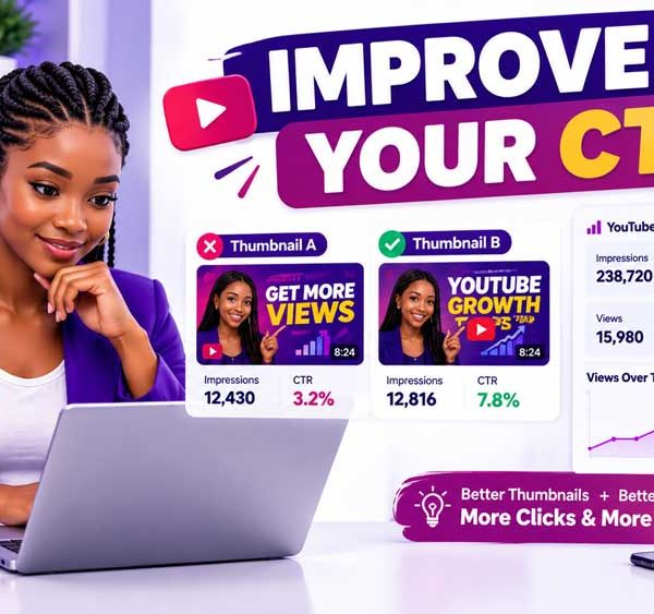 Alt text: Nigerian content creator comparing YouTube thumbnails and analytics to improve click-through rate.