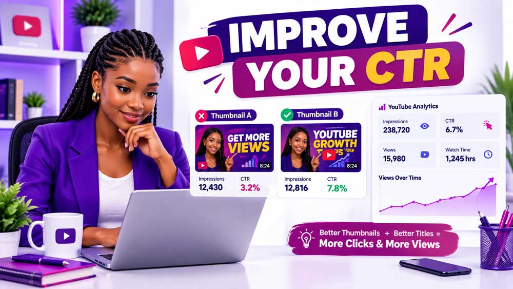 Alt text: Nigerian content creator comparing YouTube thumbnails and analytics to improve click-through rate.