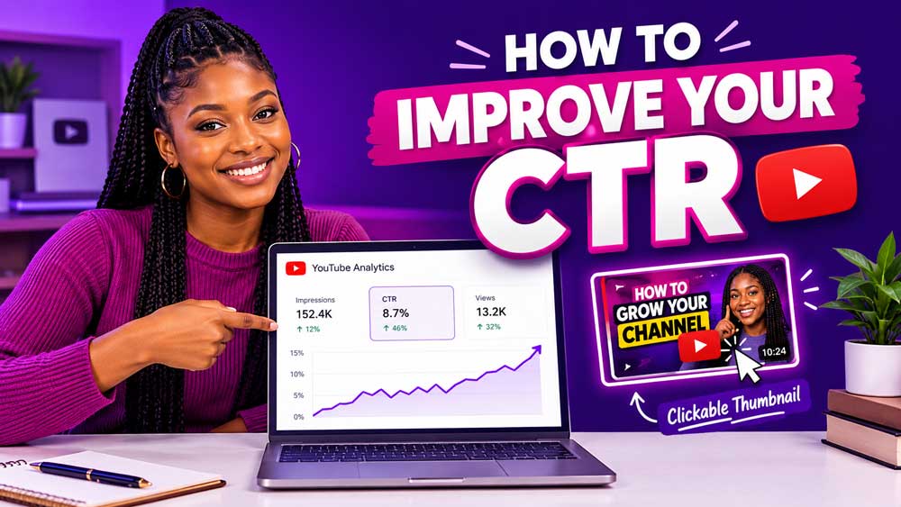 YouTube creator beside an analytics graph illustrating how to improve YouTube CTR.