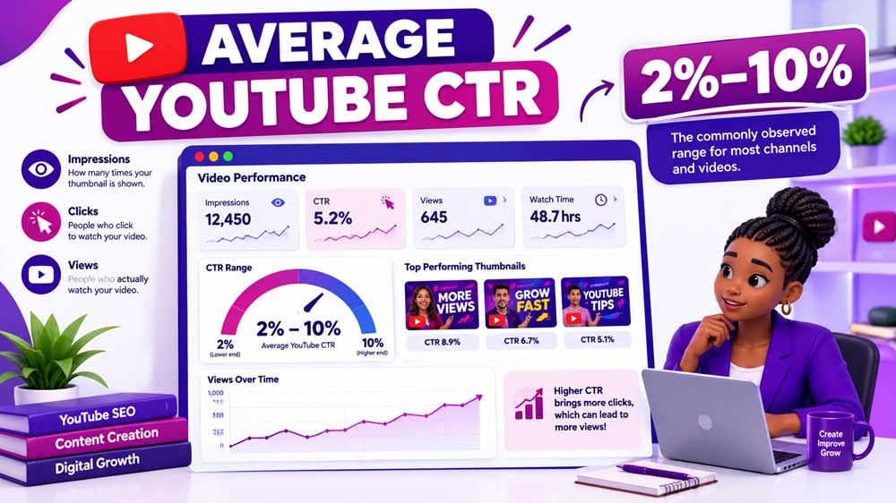 Alt text: YouTube CTR infographic illustrating the commonly observed 2%–10% click-through rate range