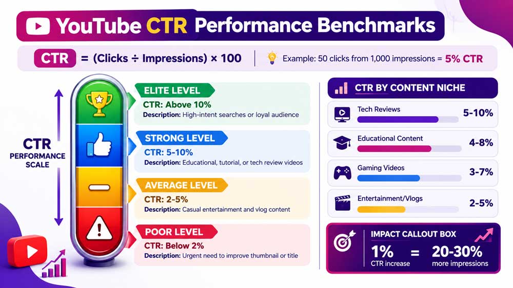 Alt text: Nigerian content creator viewing a YouTube CTR dashboard showing a 5% click-through rate.