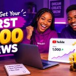 Nigerian content creator celebrating a rising analytics graph and the first 1,000 YouTube views.