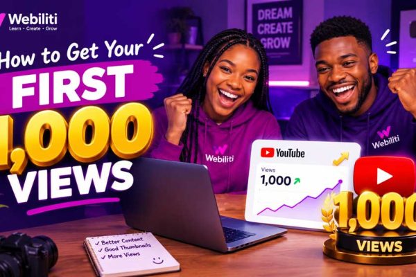 Nigerian content creator celebrating a rising analytics graph and the first 1,000 YouTube views.