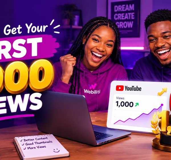 Nigerian content creator celebrating a rising analytics graph and the first 1,000 YouTube views.