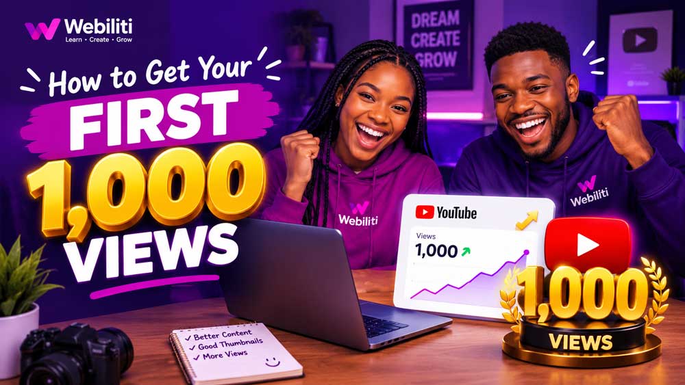 Nigerian content creator celebrating a rising analytics graph and the first 1,000 YouTube views.