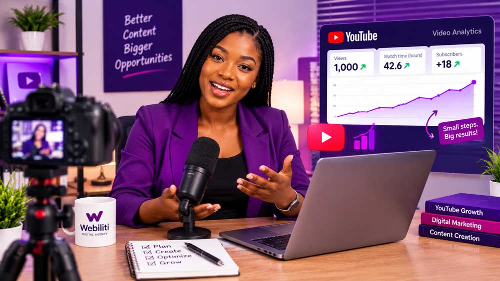 Content creator recording a tutorial while reviewing YouTube video analytics on a laptop.