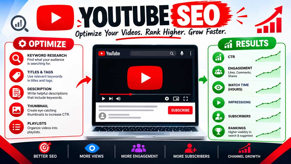 Infographic showing five ways to grow YouTube views through SEO, thumbnails, Shorts, promotion, and audience retention.
